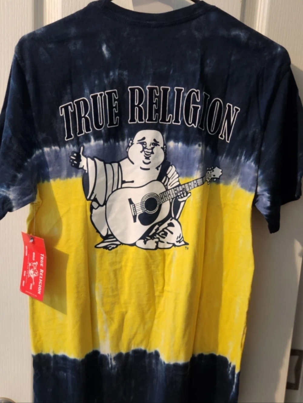 NWT True Religion SIZE SMALL Navy & Yellow Tie-Dye Buddha Guitar Tee
